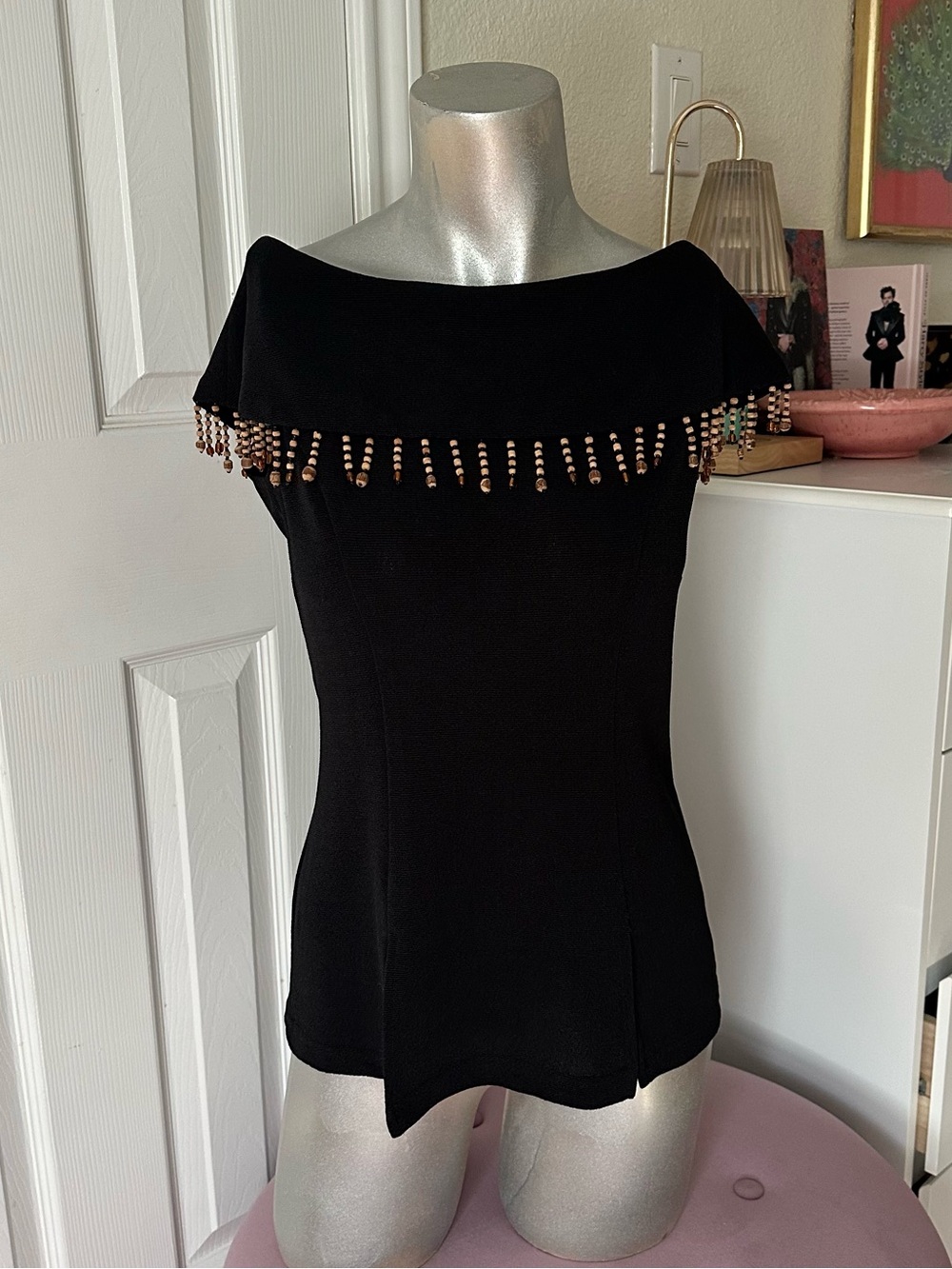 Vintage 90s Nicole Studio New YorkBlack & Tan Beaded Off-the-Shoulder Top